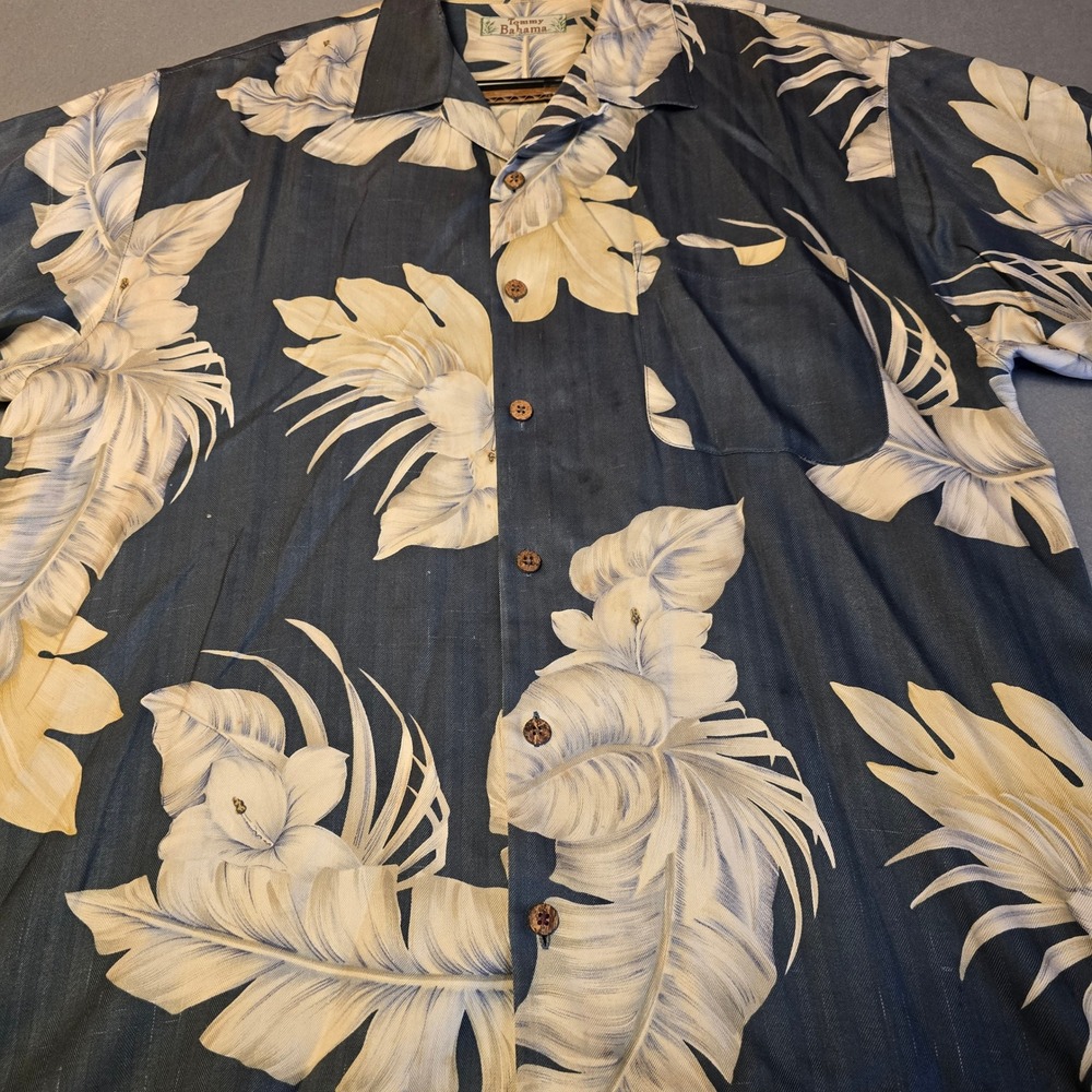 Tommy Bahama Mens Short Sleeve Silk Tropical Leaf Floral Camp Shirt Navy Blue XL - Picture 14 of 16